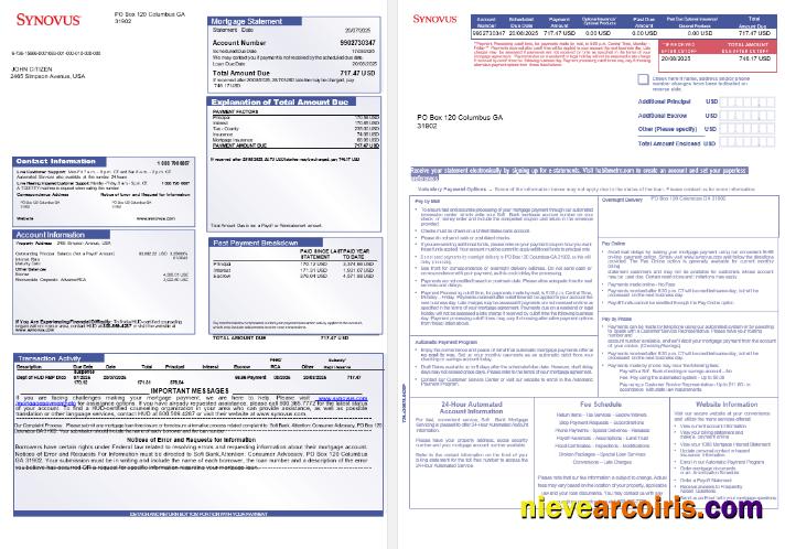 USA Synovus bank mortgage statement, 3 pages 1-2